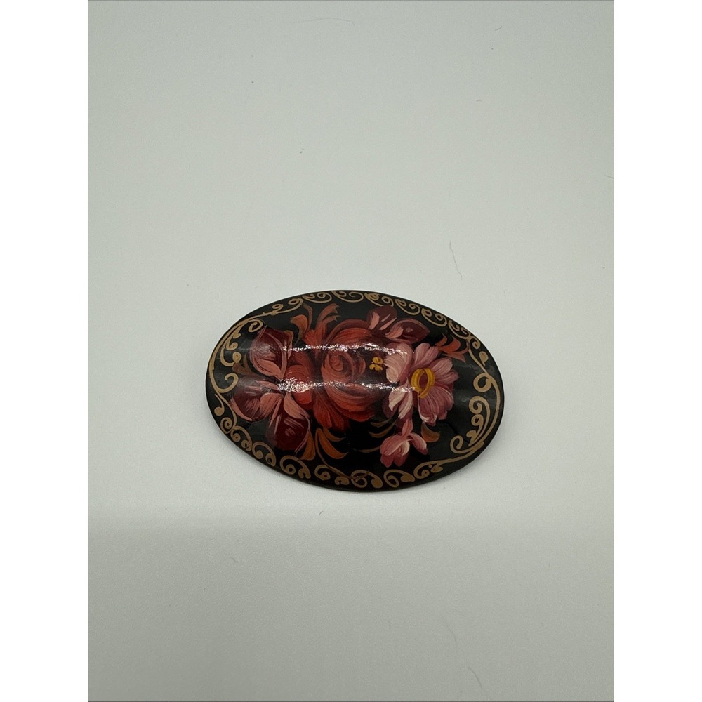 Russian Black Lacquer Floral Bouquet Hand Painted Pin Brooch Artist Signed VTG
